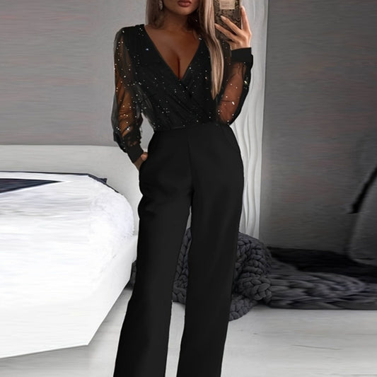 Fashion Slim-fit Solid Color V-neck Mesh Stitching High Waist Pocket Jumpsuit