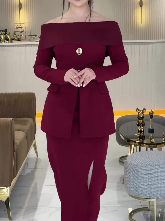 Burgundy Bateau Collar Top & Slit Skirt Suit