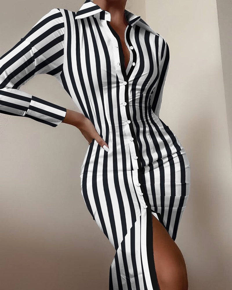 Women's Long Sleeve V Neck Waist Print Dress Shirt Dress