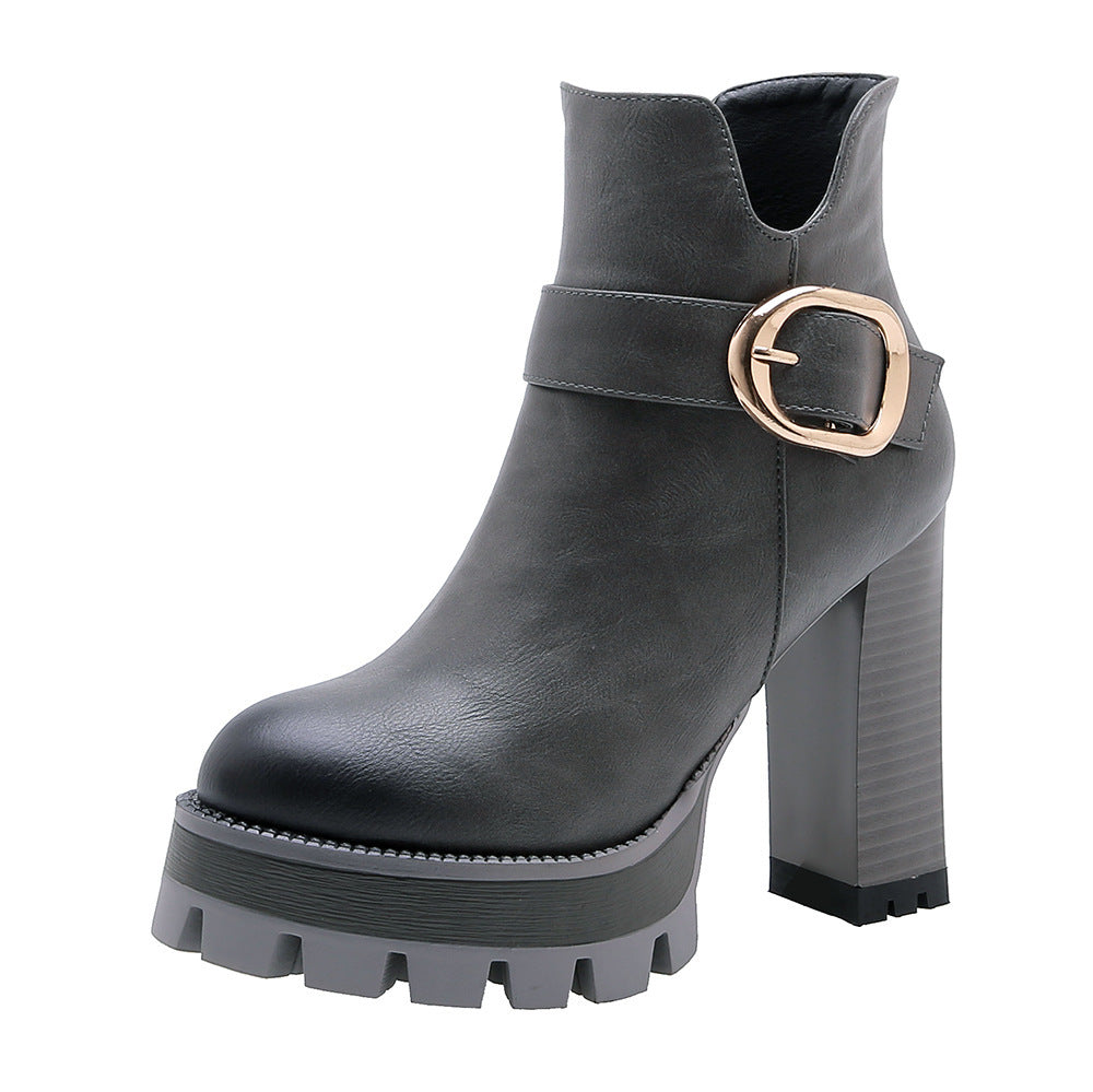 Belt Buckle Short Tube Waterproof Platform High Heel Short Women's Boots