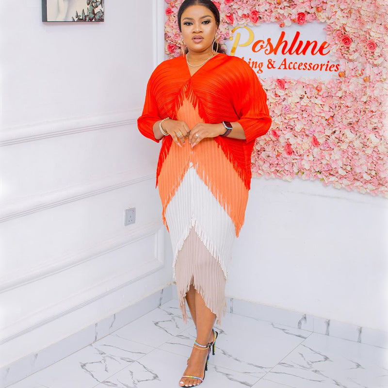 Pleated Tassel Gradient Color Dress Sanzhai Contrast Color V-neck Loose Slimming Temperament One-step Dress