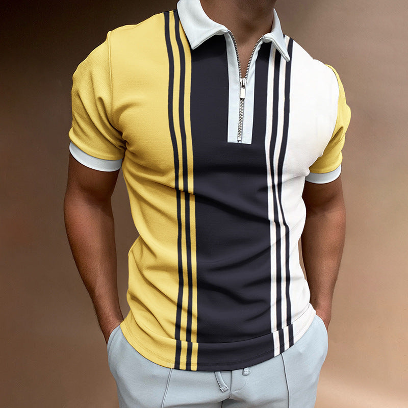 POLO Lapel Casual Short Khaki Striped T-Shirt