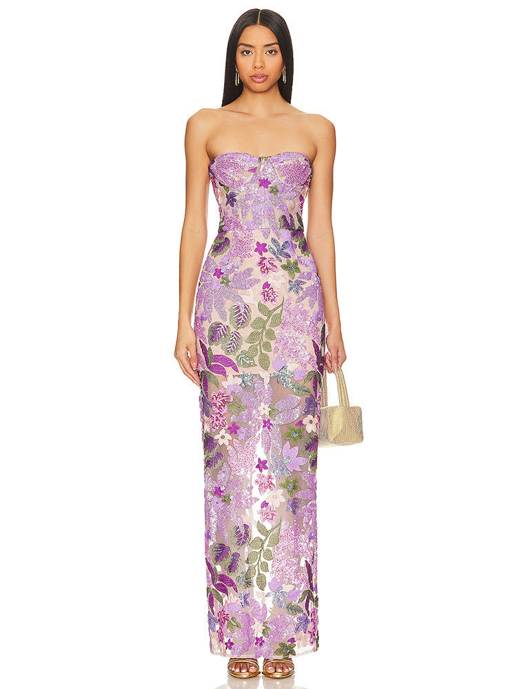 Female Purple Embroidered Sequins Bandeau Slim-fit Dress
