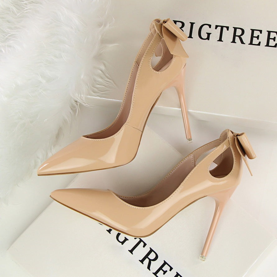 Women's Solid Color Cutout Back Bow High Heels