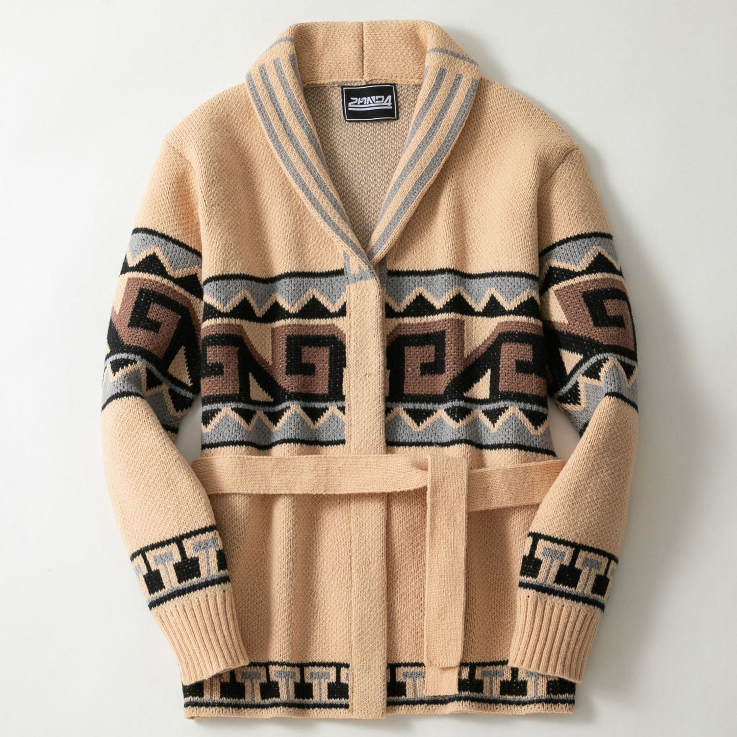 Jacquard Belt Cardigan Outdoor Sweater Coat