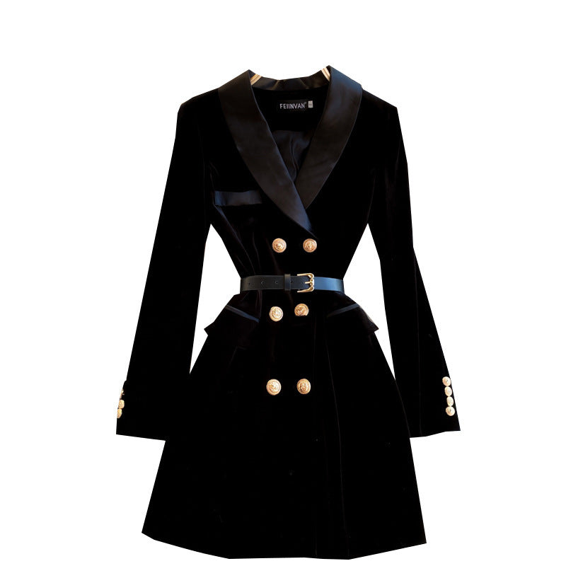 Women's Suit Collar Double Breasted Slim Velvet Dress