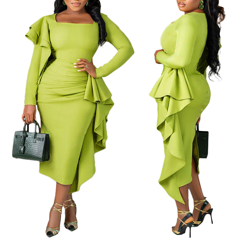 Solid Color Square Collar Pleated Long Sleeve Dress