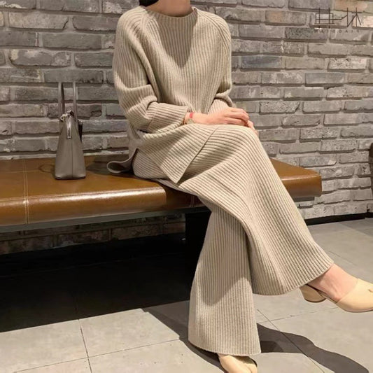 Knitted Sweater Wide-leg Pants Suit Women