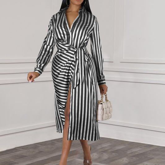 Striped Lapel Shirt Dress Loose Long Sleeve Dress
