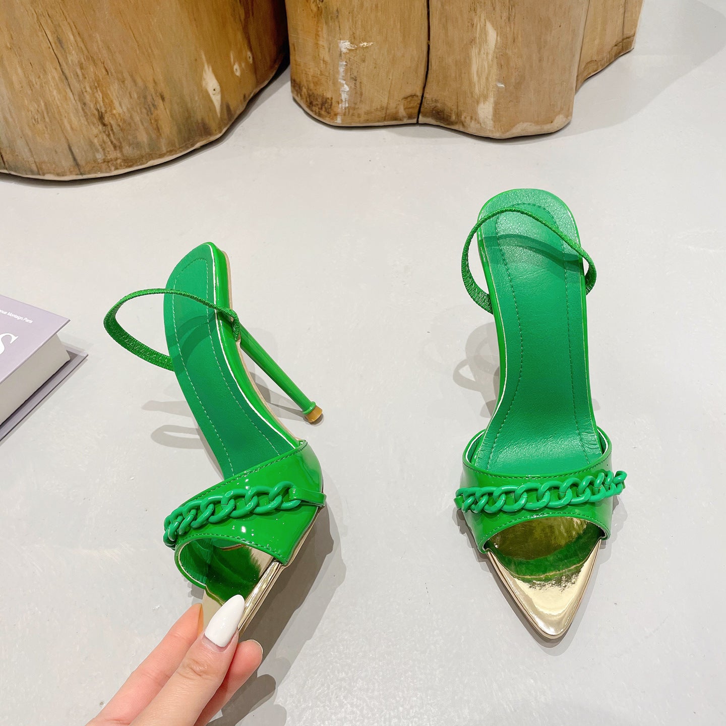 Color Chain High Heels Pointed Toe Sandals Two Ways To Wear Women's Shoes