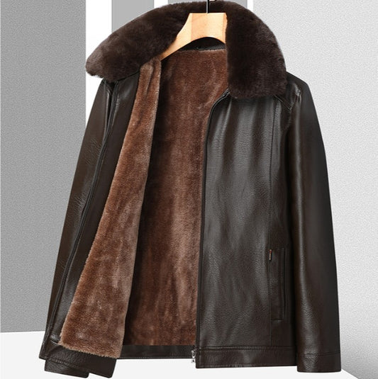 Middle-aged And Elderly Men's Leather Jacket Velvet Padded Thickened Coat Winter Leather Jacket