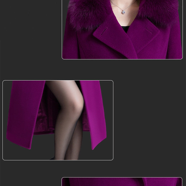 Korean Version Fox Fur Collar Single Side Cashmere Coat