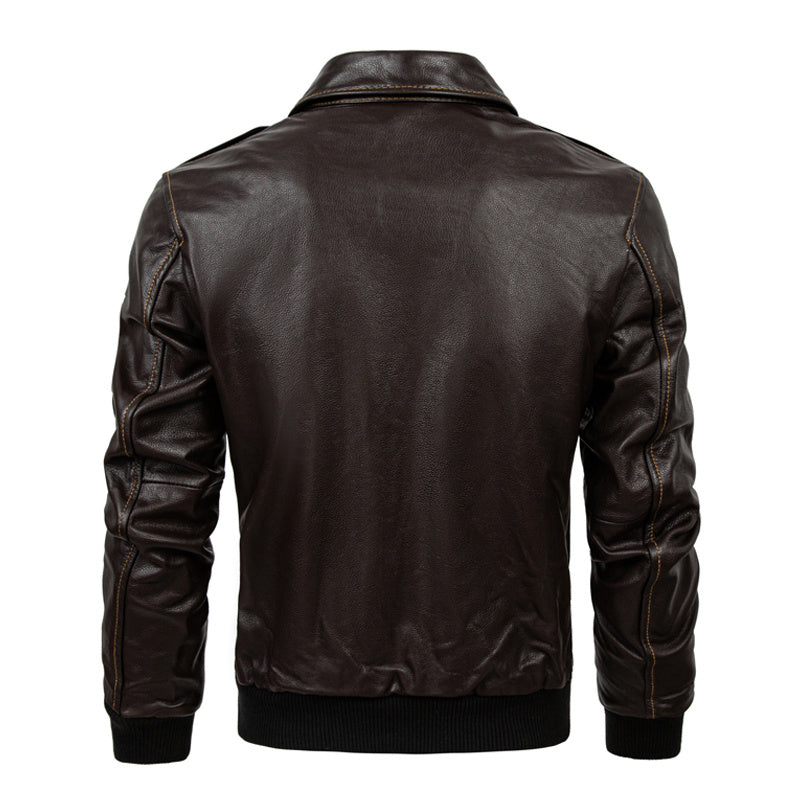 Genuine Leather Flight Jacket Baseball Uniform First Layer Cowhide Leather Men's Short Lapels Coat