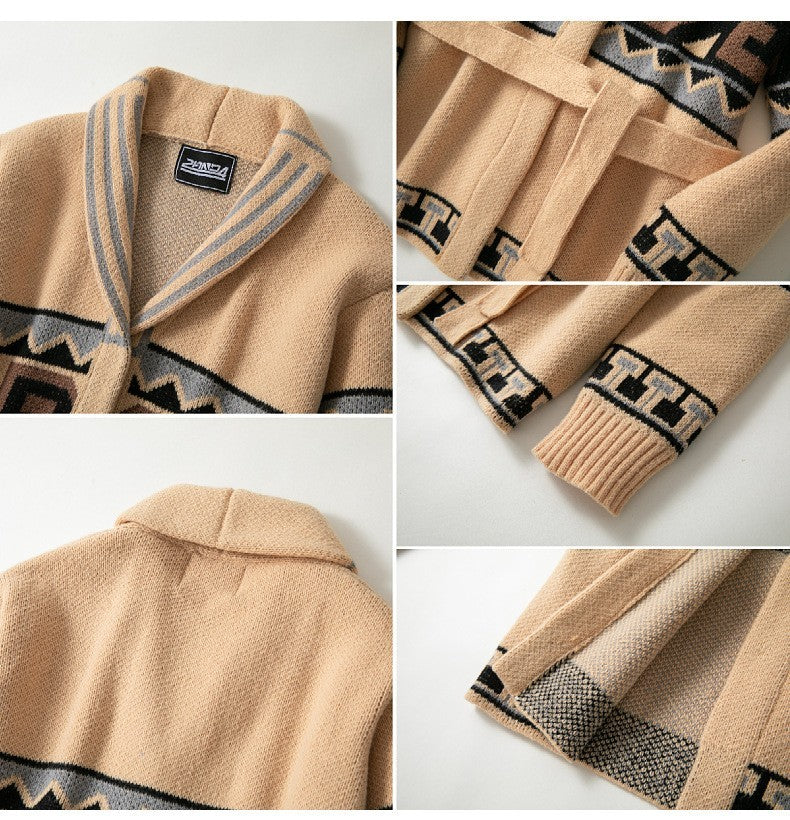 Jacquard Belt Cardigan Outdoor Sweater Coat