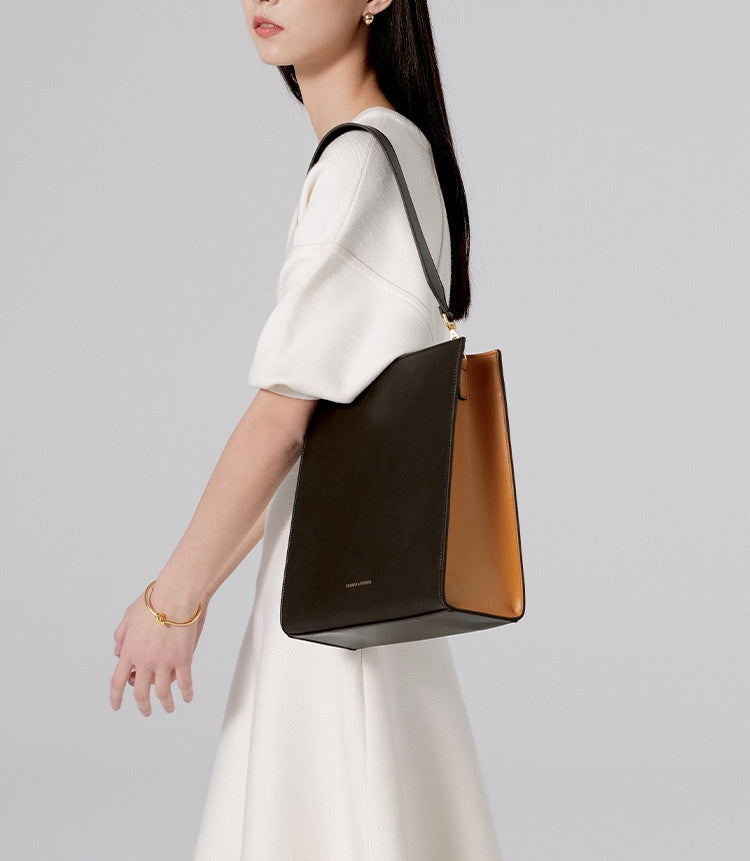 Women's Wide Shoulder Strap Leather Bag New Contrast Color Shoulder