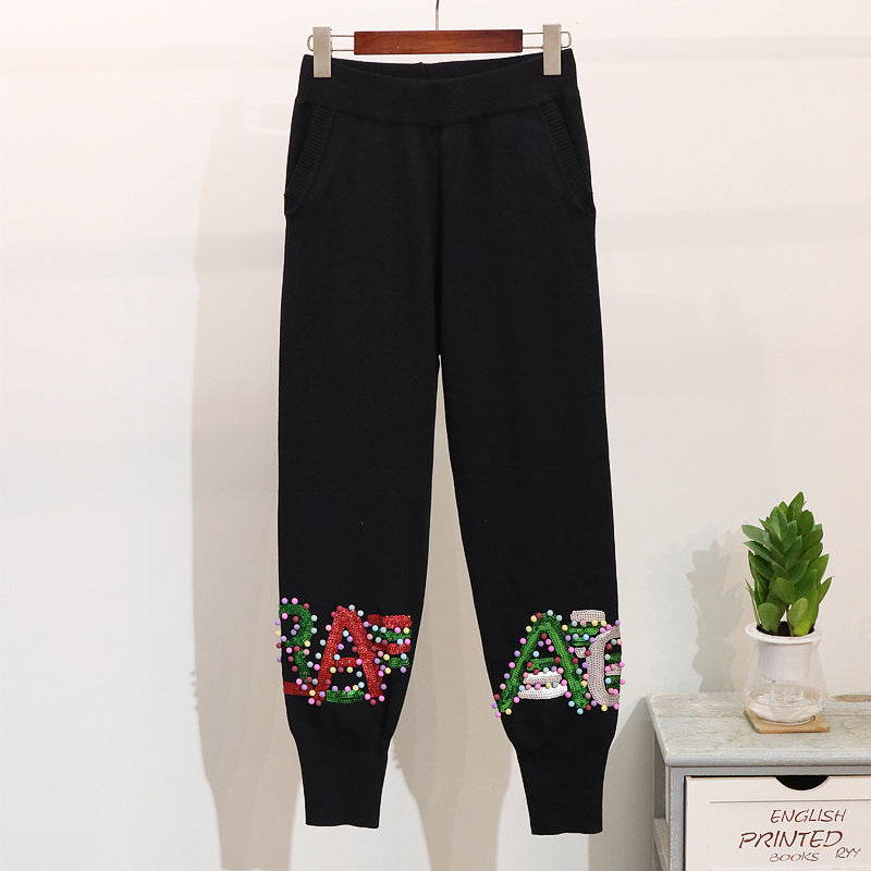 Letter Long-sleeved Knit Sweater Casual Trousers Knit Suit Women