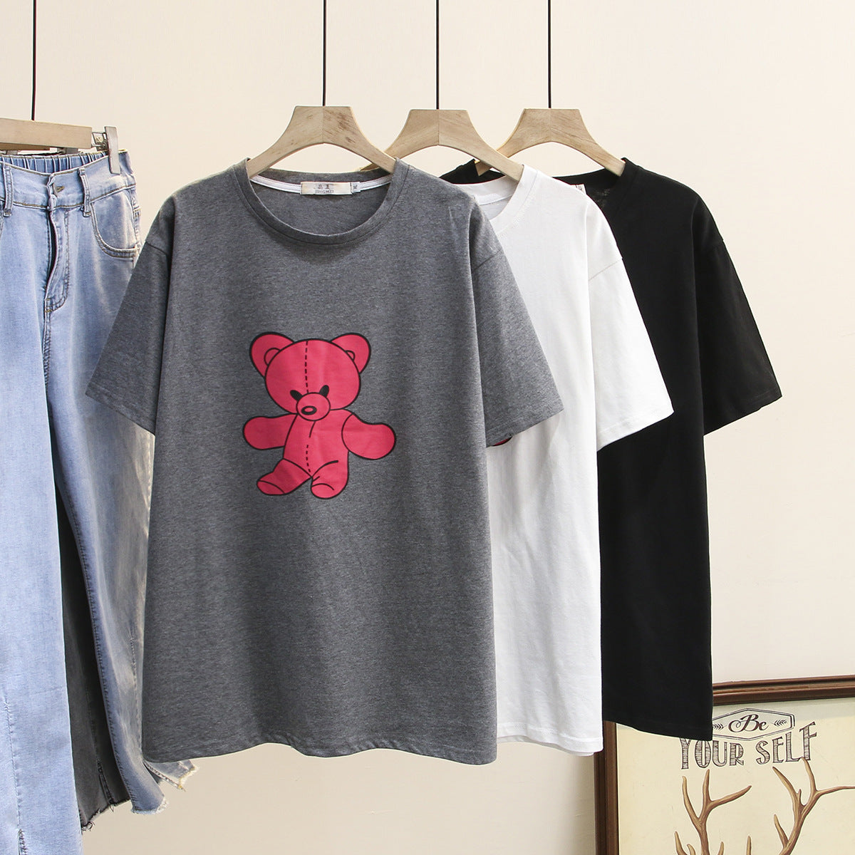 Loose Printed Bear Short Sleeve T-shirt Oversized Women