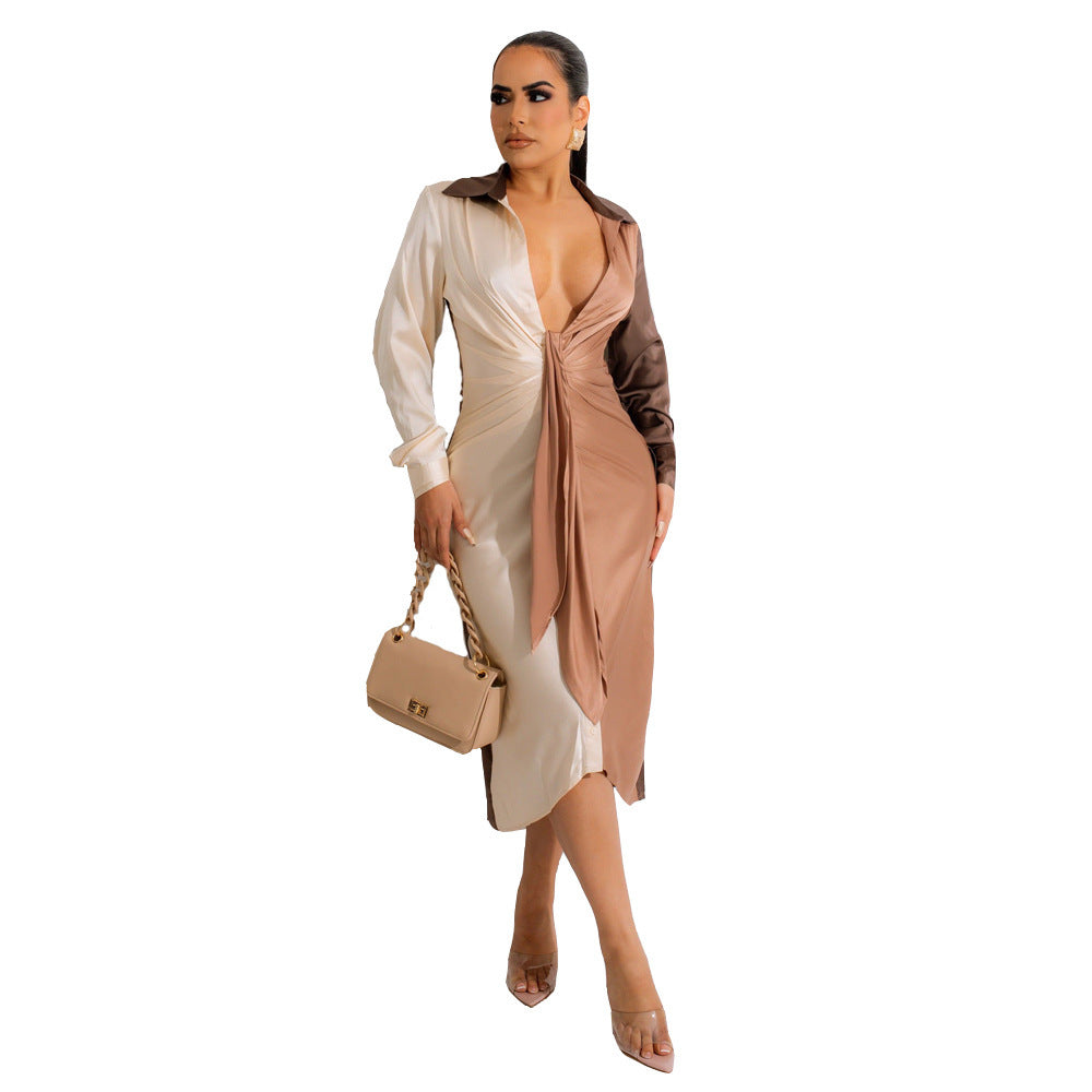 Women's Stitching Strap V-neck Long-sleeve Dress