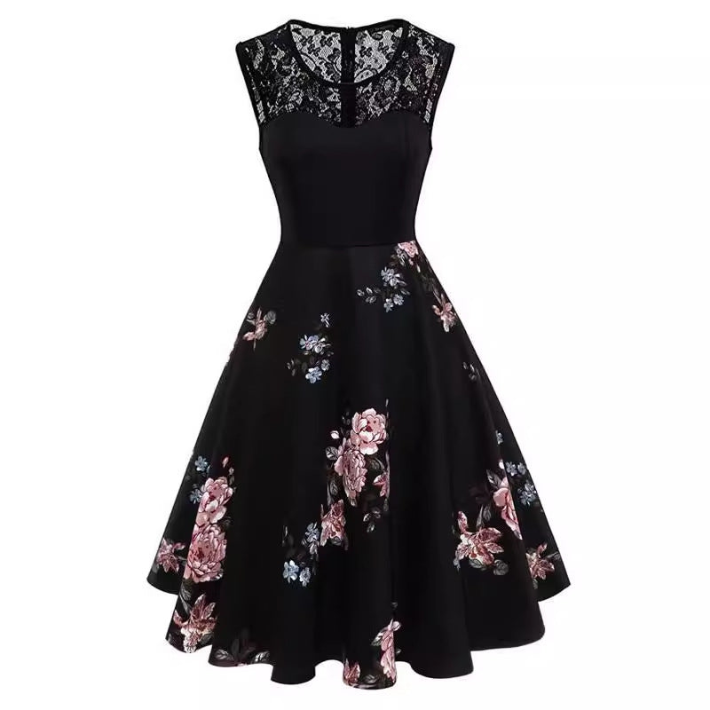 Lace Stitching Sleeveless Hot-selling Floral-print Retro Dress