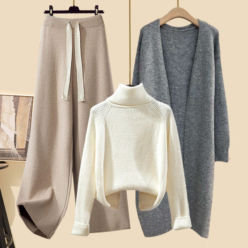 Idle Style Three-piece Set Thick Turtleneck Sweater Wide Leg Pants Wear Long Cardigan Jacket Slimming