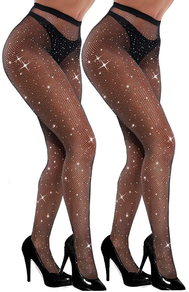 VEBZIN Sexy Sparkly Fishnets Stockings Jeweled High Waist Fishnet Tights for Women Rhinestone Party Pantyhose One Size 2 Pack Black No Holes