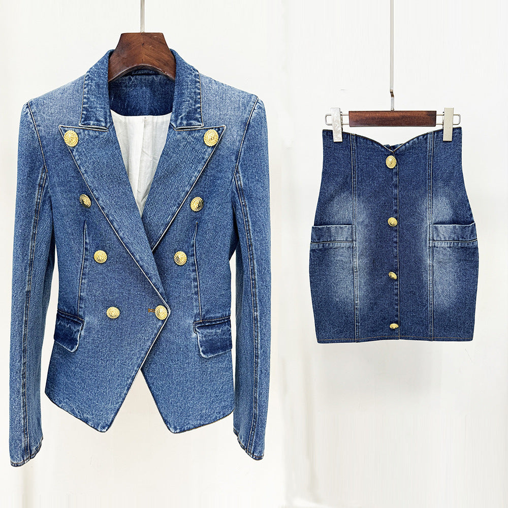 Socialite Temperament Slim Double-breasted Washed Denim Suit Jacket