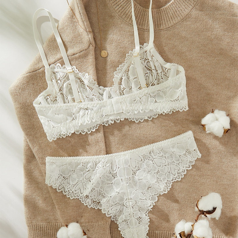 Lace Deep V Bra Poly White Heart Super Thin Suit