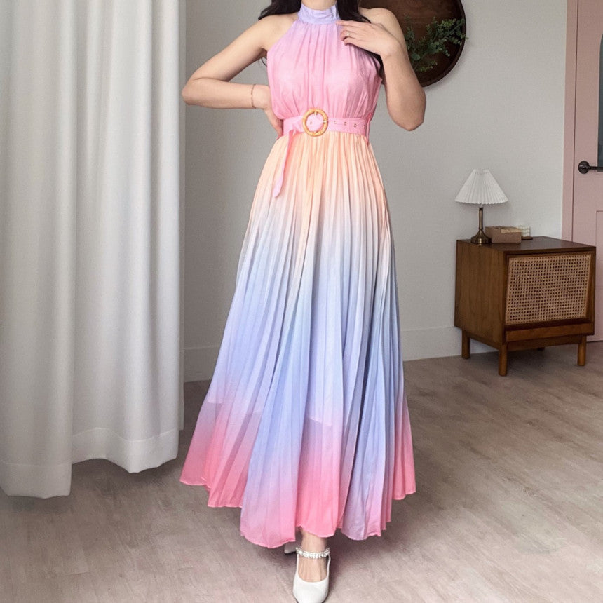 Ladies Gradient Color Pleated A-Line Sleeveless High Waist Dress