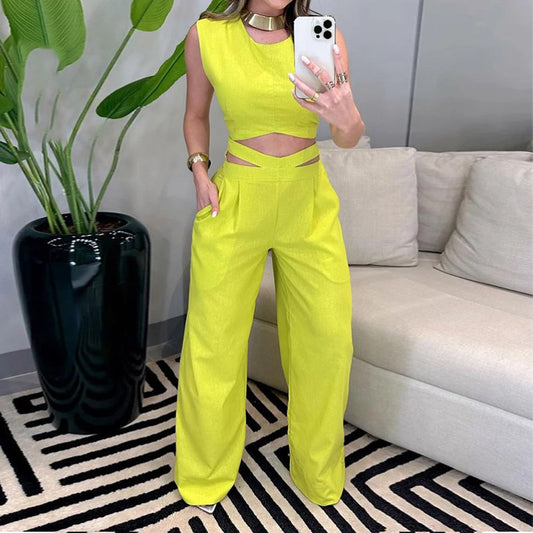 Women's Fashion Slim-fit Solid Color Top Pants Suit