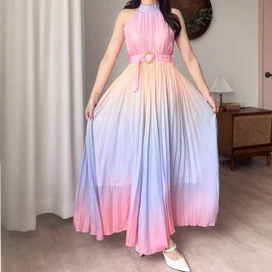 Ladies Gradient Color Pleated A-Line Sleeveless High Waist Dress