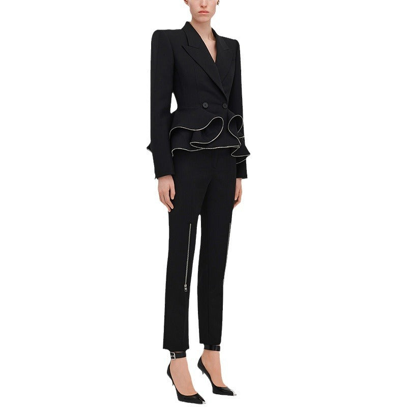 Zipper Ruffled Blazer Skinny Pants Suit Two-piece Suit