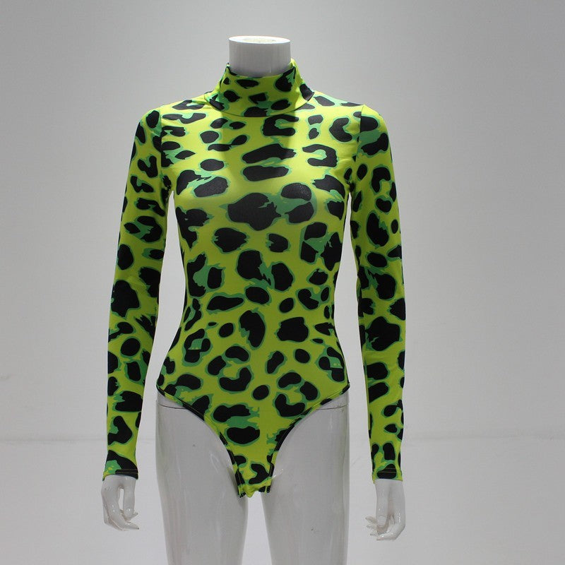 Women's New Yama Popular High Collar Long-sleeved Green Leopard Print Slim Fit Jumpsuit