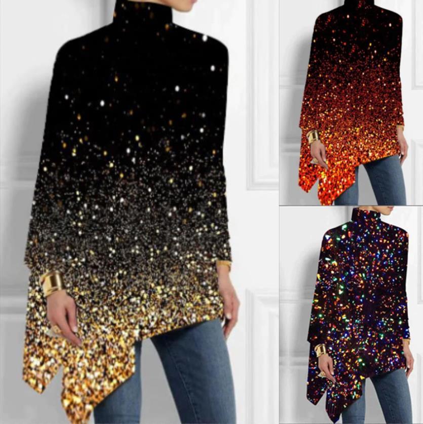 Fashion High Collar Loose And Irregular Digital Printed Long-sleeved Top