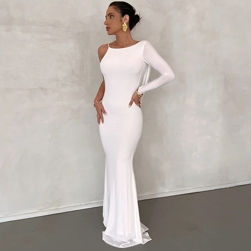 Women's Pure Color Tied One-shoulder Hollow-out Elegant Dress