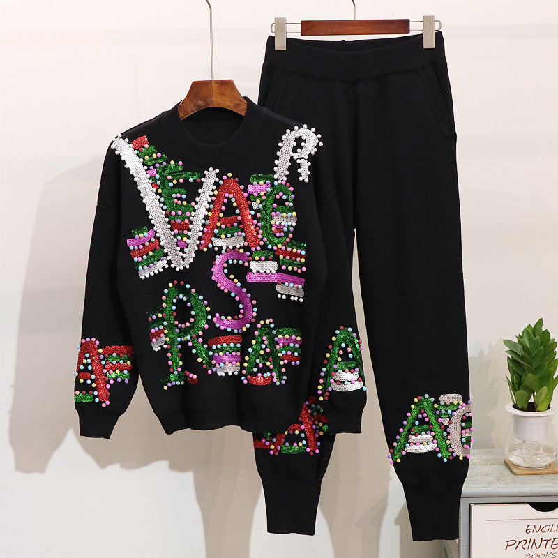 Letter Long-sleeved Knit Sweater Casual Trousers Knit Suit Women