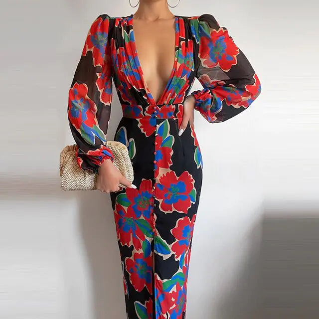 Women Sexy Button V-Neck Slit Party Dress