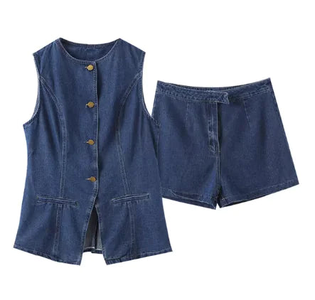 Women's Summer Denim Shorts and Vest Set – High Waist, Wide Leg