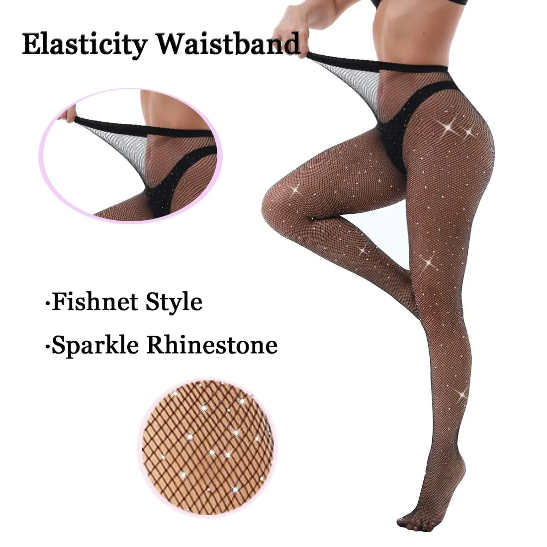 VEBZIN Sexy Sparkly Fishnets Stockings Jeweled High Waist Fishnet Tights for Women Rhinestone Party Pantyhose One Size 2 Pack Black No Holes